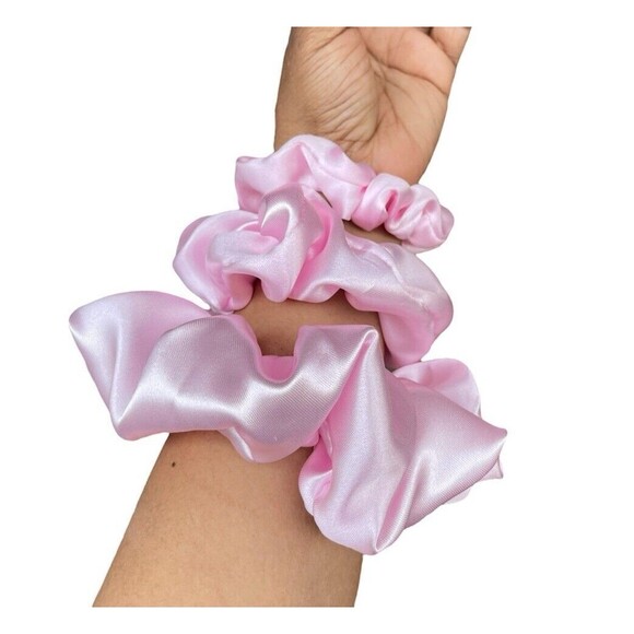 3 New Pink Satin Scrunchies Hair Tie XLarge, Large, Small Set - Picture 4 of 16